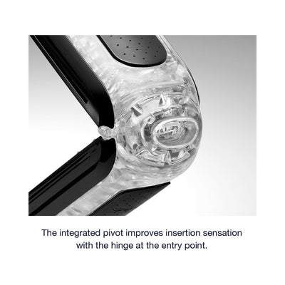 Close-up of Tenga FLIP ZERO Black showing the clear textured entry point and black hinge for enhanced insertion sensation.