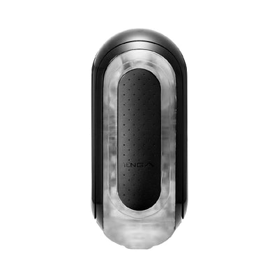 Top view of the Tenga FLIP ZERO Black male pleasure device with textured grip and transparent casing.