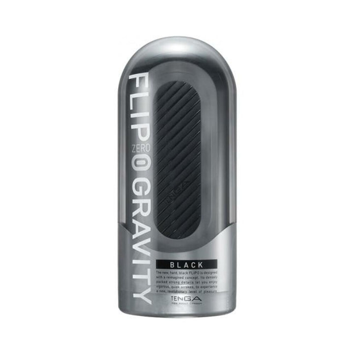 Tenga Flip Zero Gravity Stroker in sleek black with transparent case and bold white lettering on packaging.