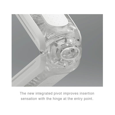 Close-up of Tenga FLIP ZERO White showing the integrated pivot hinge designed to enhance insertion sensation.