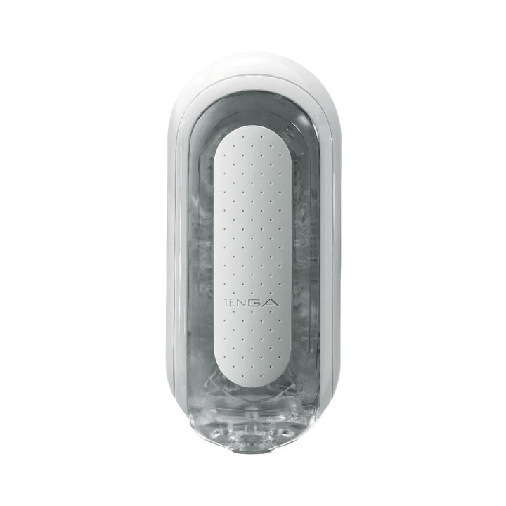 Top view of Tenga FLIP ZERO White male pleasure device with sleek, modern design and textured inner sleeve visible through transparent casing.