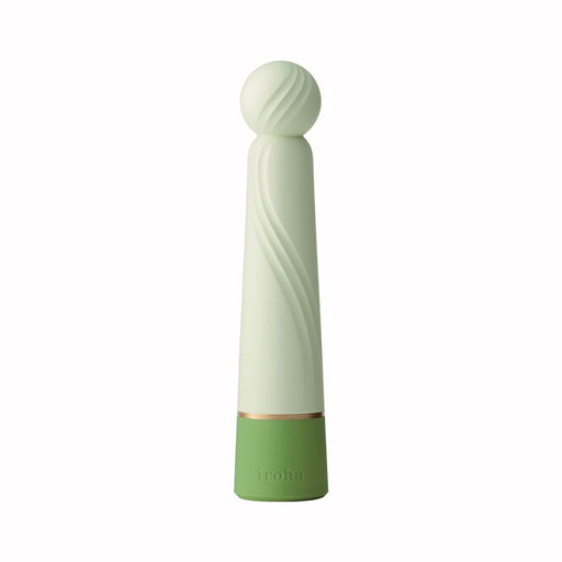Tenga Iroha Rin+ HISUI rechargeable vibrator in soft green with textured spherical tip and ergonomic design.