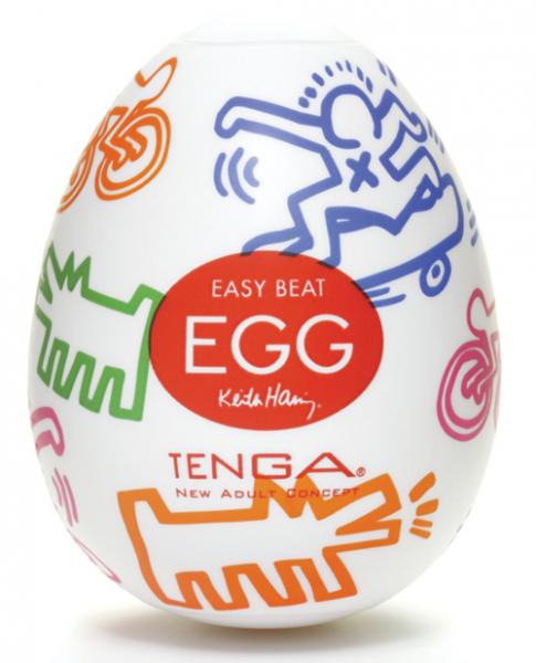 Tenga Easy Beat Egg with colorful Keith Haring street art designs on a white egg-shaped case.