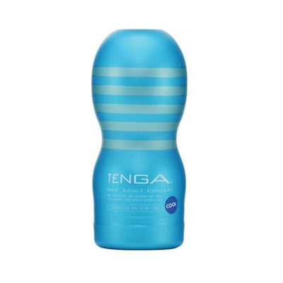 Blue Tenga Original Vacuum Cup Cool Edition with striped design and compact ergonomic shape.