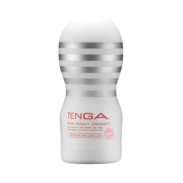 Tenga Original Vacuum Cup Gentle in white with silver stripes and red branding, designed for discreet adult use.
