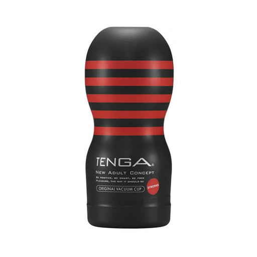 Black and red striped Tenga Original Vacuum Cup Strong male pleasure device with ergonomic shape and branding.