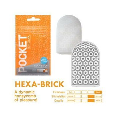 Tenga Pocket Masturbator Sleeve Hexa Brick with honeycomb texture and orange packaging, highlighting firmness and stimulation levels.