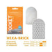 Tenga Pocket Masturbator Sleeve Hexa Brick with honeycomb texture and orange packaging, highlighting firmness and stimulation levels.