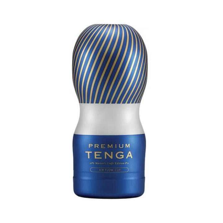 Tenga Premium Air Flow Cup in blue and gold with a sleek ergonomic design and spiral pattern on the cap.