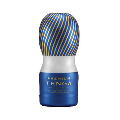 Tenga Premium Air Flow Cup in blue and gold with a sleek ergonomic design and spiral pattern on the cap.
