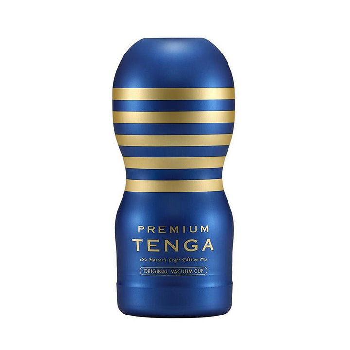 Blue and gold Tenga Premium Original Vacuum Cup with sleek ergonomic design and horizontal stripes.