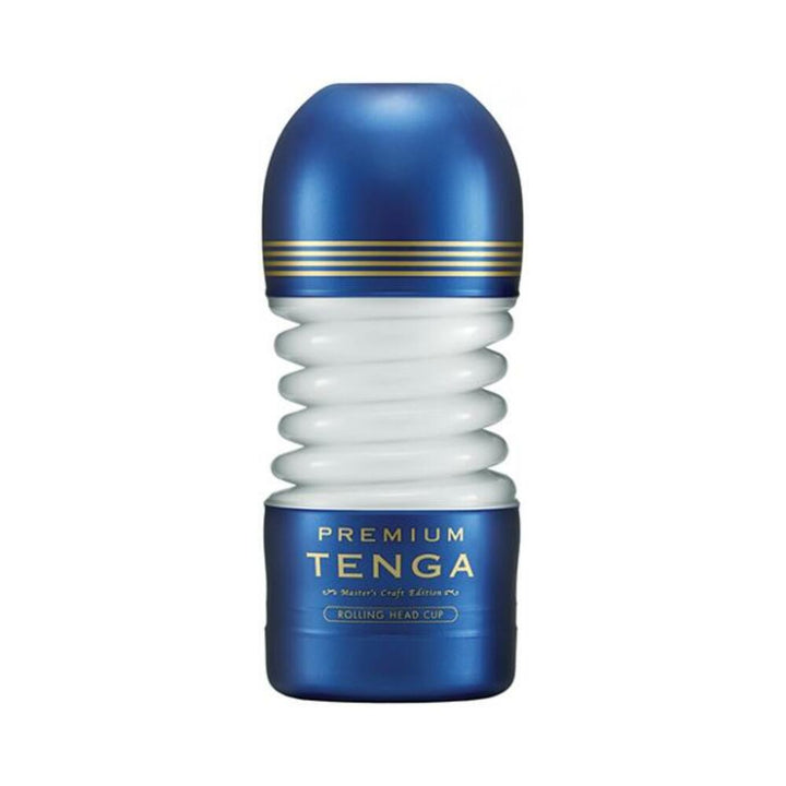 Blue and white Tenga Premium Rolling Head Cup with gold accents and branding on a white background.