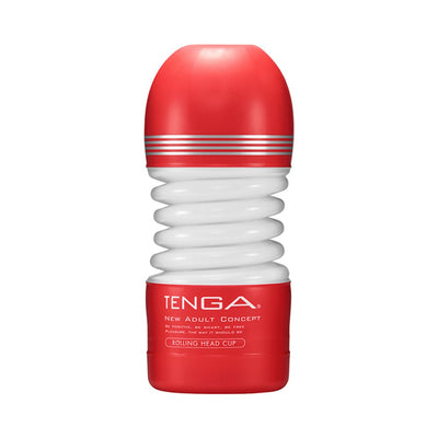 Tenga Rolling Head Cup stroker with flexible white spiral body and red caps, designed for male pleasure.