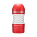 Tenga Rolling Head Cup stroker with flexible white spiral body and red caps, designed for male pleasure.