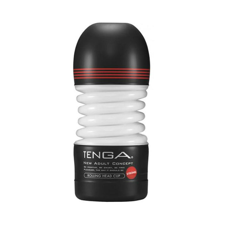 Tenga Rolling Head Cup Strong male pleasure device with black and white spiral design and compact shape.