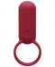 Red silicone vibrating ring with integrated clitoral stimulator and one-button control by Tenga.