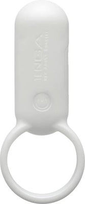 White silicone vibrating ring with a one-button control and compact design for intimate use.