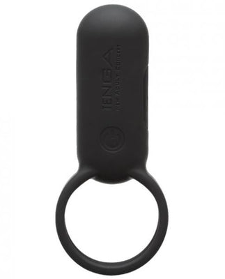 Black silicone vibrating ring with integrated control button and Tenga branding on top.