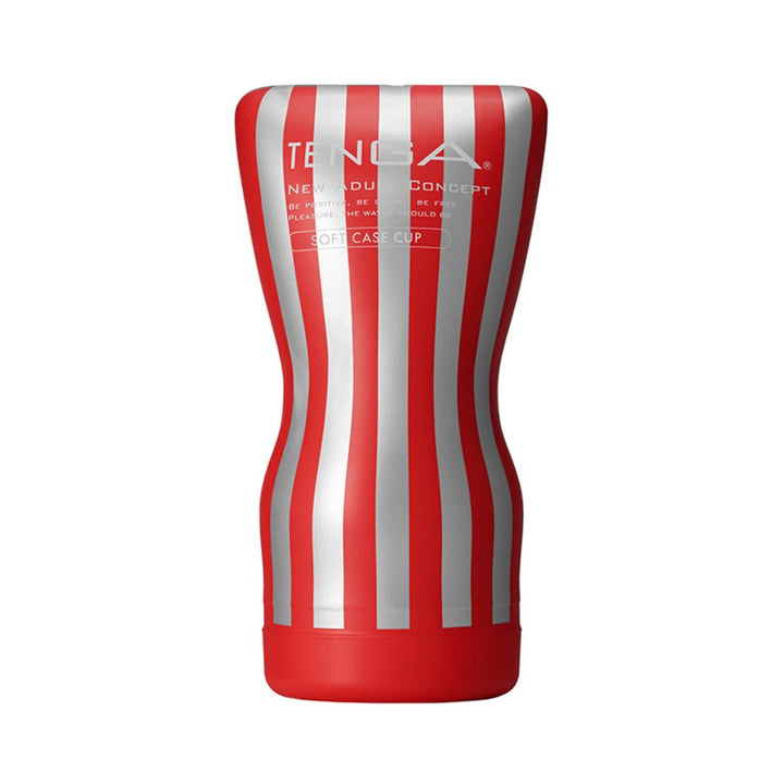 Tenga Soft Case Cup male stroker with red and white vertical stripes and ergonomic shape for easy grip.