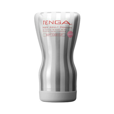 Tenga Soft Case Cup Gentle in white and gray striped packaging with red branding text.
