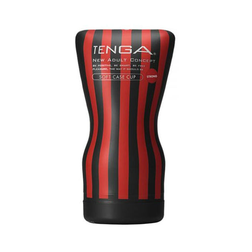 Tenga Soft Case Strong disposable adult pleasure cup with black and red vertical stripes design.