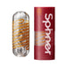 Tenga Spinner Beads transparent textured sleeve with orange spiral design next to red packaging tube.