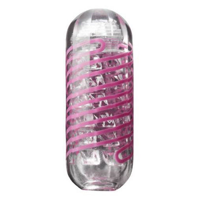Clear Tenga Spinner Brick with pink spiral coil design inside for enhanced textured sensations.