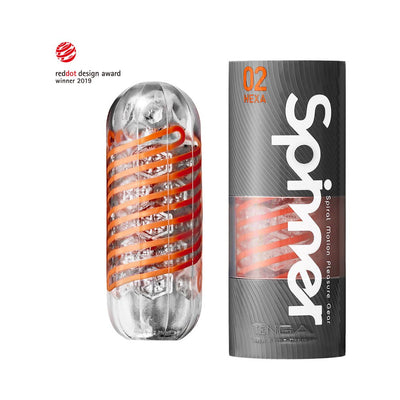 Tenga Spinner Hexa men's pleasure gear with transparent body and orange spiral design next to sleek black and orange packaging.