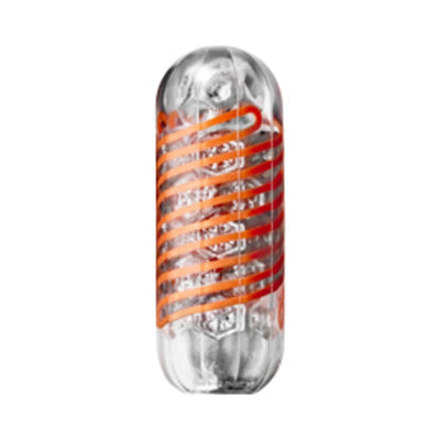 Transparent Tenga Spinner Hexa male pleasure device with orange spiral design and textured interior.