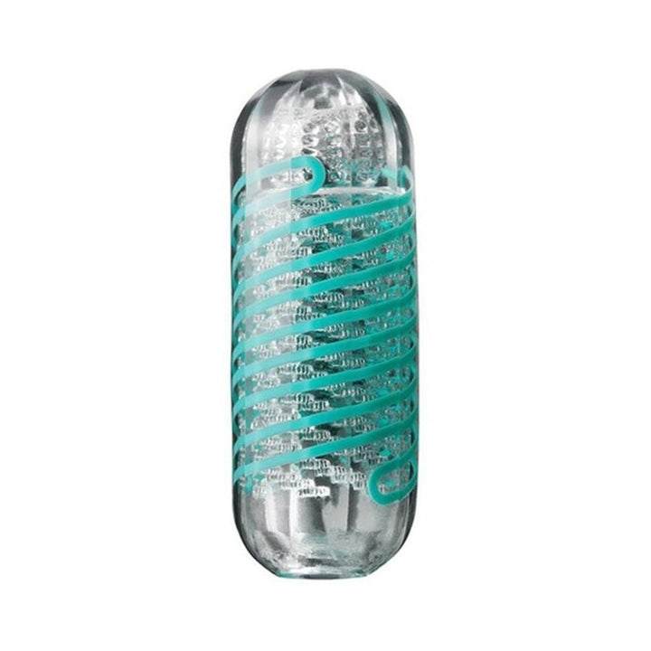 Transparent Tenga Spinner Pixel sleeve with textured interior and turquoise spiral coil design.