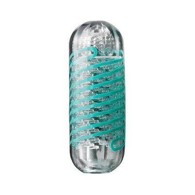Transparent Tenga Spinner Pixel sleeve with textured interior and turquoise spiral coil design.