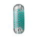 Transparent Tenga Spinner Pixel sleeve with textured interior and turquoise spiral coil design.