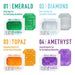 Tenga Uni Variety Pack showing four textured sleeves in green, clear, orange, and purple with unique stimulation patterns.
