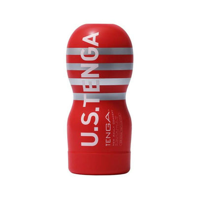 Red Tenga U.S. Original Vacuum Cup with silver stripes and bold white lettering on a white background.