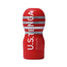 Red Tenga U.S. Original Vacuum Cup with silver stripes and bold white lettering on a white background.