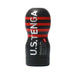 Black and red striped Tenga U.S. Original Vacuum Cup Strong with bold white lettering on a white background.