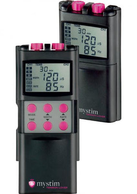 Two black Mystim Tension Lover eStim units with pink buttons and digital displays showing adjustable settings.