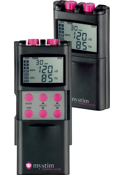Two black Mystim Tension Lover eStim units with pink buttons and digital displays showing adjustable settings.