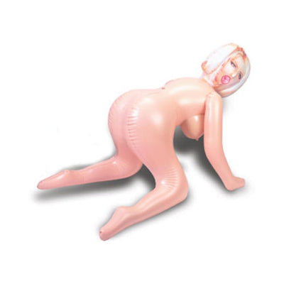 Inflatable love doll in a doggy style position with blonde hair and detailed facial features.