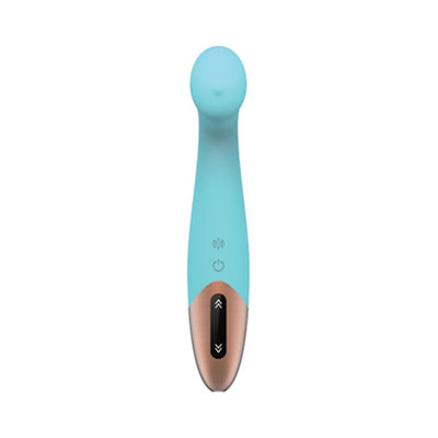 Blue silicone G-spot vibrator with curved head and rose gold touch panel controls on white background.