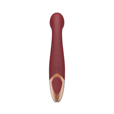 Wine red G-spot vibrator with smooth silicone body and rose gold touch panel control.