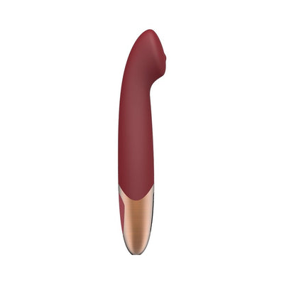 Wine red G-spot vibrator with curved tip and rose gold touch panel control on white background.