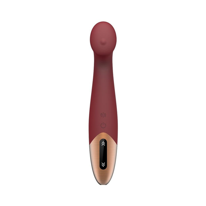 Wine red G-spot vibrator with curved head, touch panel controls, and rose gold accent on a white background.