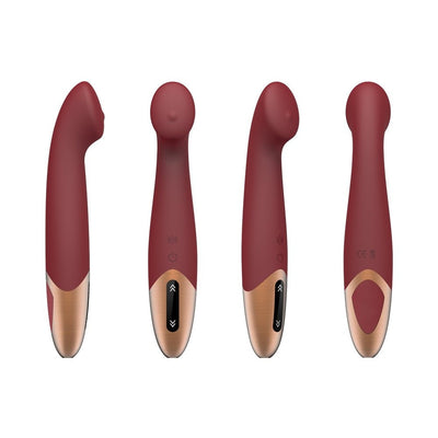 Four views of a wine red silicone G-spot vibrator with a curved tip and rose gold touch panel controls.