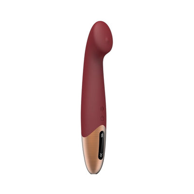 Wine red G-spot vibrator with curved tip, touch panel controls, and rose gold accent base.
