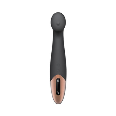 Sleek black G-spot vibrator with rounded tip and rose gold touch panel control for adjustable intensity settings.