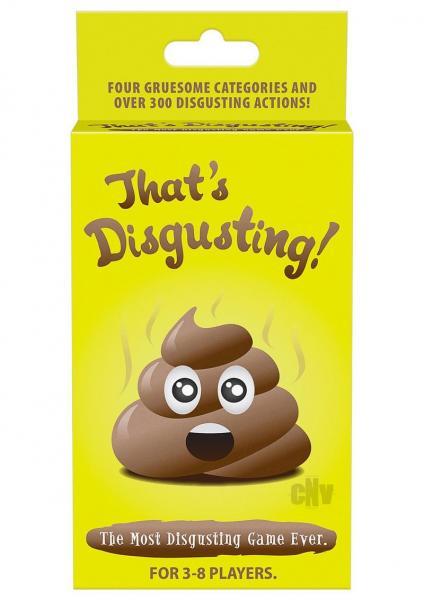 Bright yellow box of That's Disgusting! drinking game featuring a cartoon poop emoji with expressive eyes and mouth.