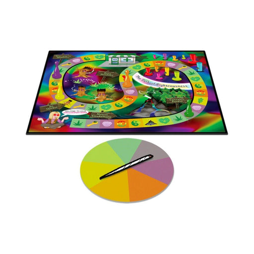 Colorful psychedelic pot-themed board game with spiral path, joint-shaped spinner, and multicolored game pieces.