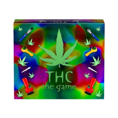 Colorful THC Game box with a large green cannabis leaf and illustrations of pipes, joints, and vaporizers on a vibrant psychedelic background.