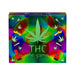Colorful THC Game box with a large green cannabis leaf and illustrations of pipes, joints, and vaporizers on a vibrant psychedelic background.